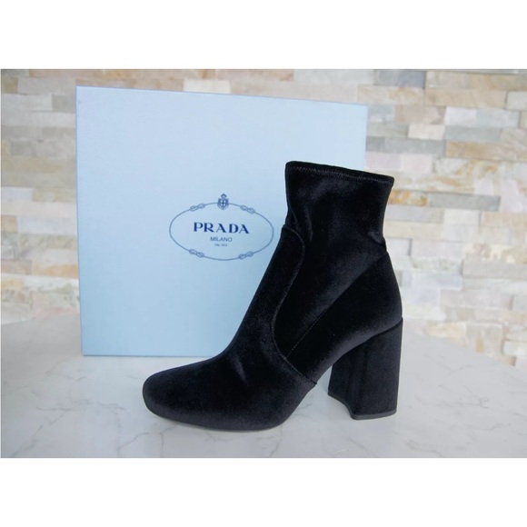 Prada Calzature Donna Black Stretch Velvet Ankle Boots Block Heels Side Zipper - Picture 1 of 11